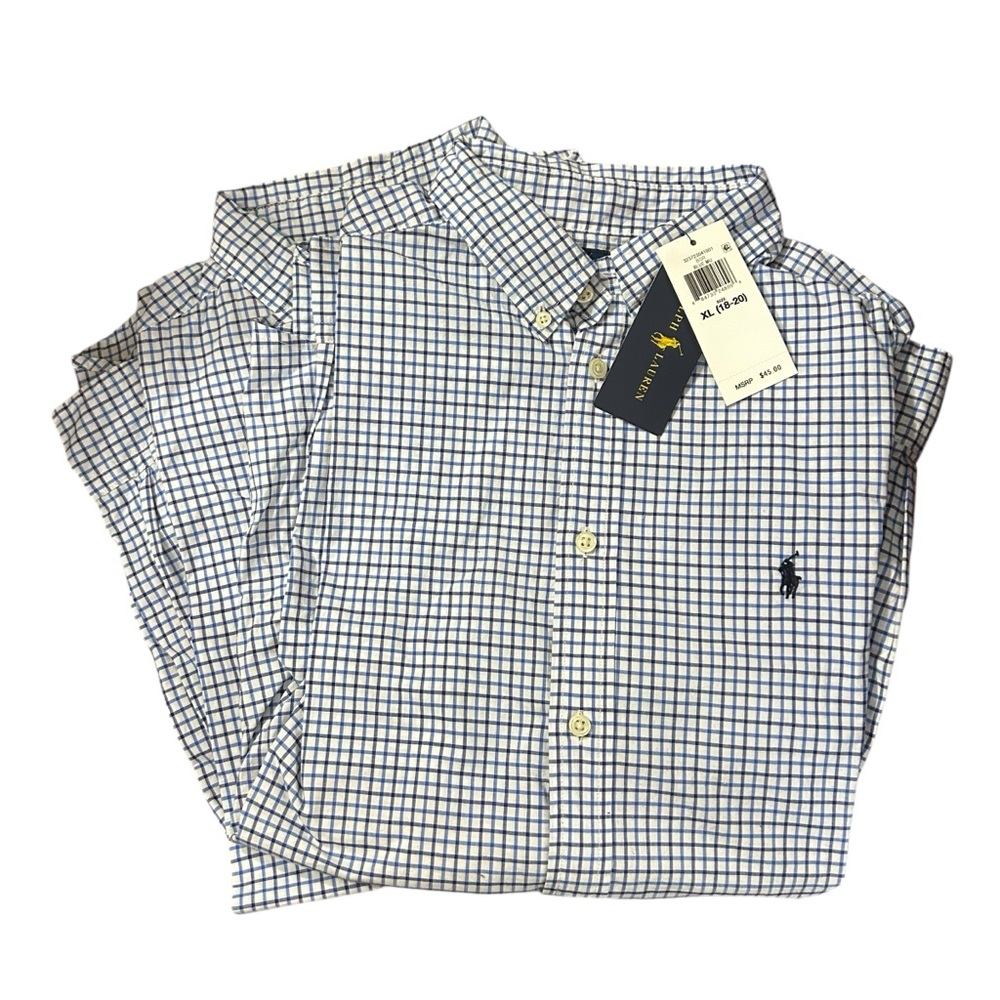 Bundle! Ralph Lauren White With Navy & Blue Plaid Natural Stretch Boys XL Shirts